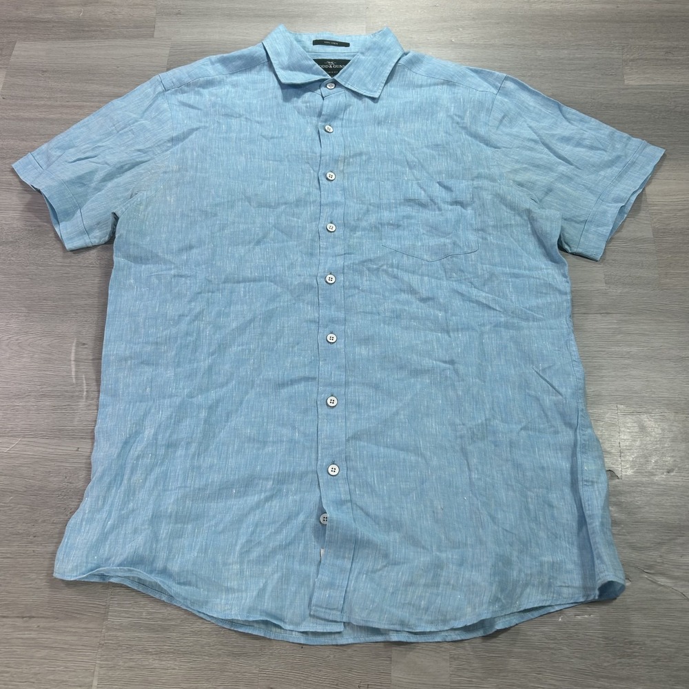 Rodd & Gunn Shirt Mens XL Blue Short Sleeve Slim Fit Linen Button Up Casual